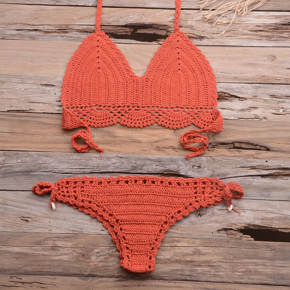 Beach Hollow-out Handmade Woven Split Strap Tank-Top Matching Shell Bikini Briefs Bella Mia